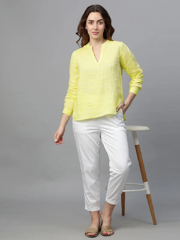 Women's Yellow Linen Regular Fit Blouse Soft Satin Blouse