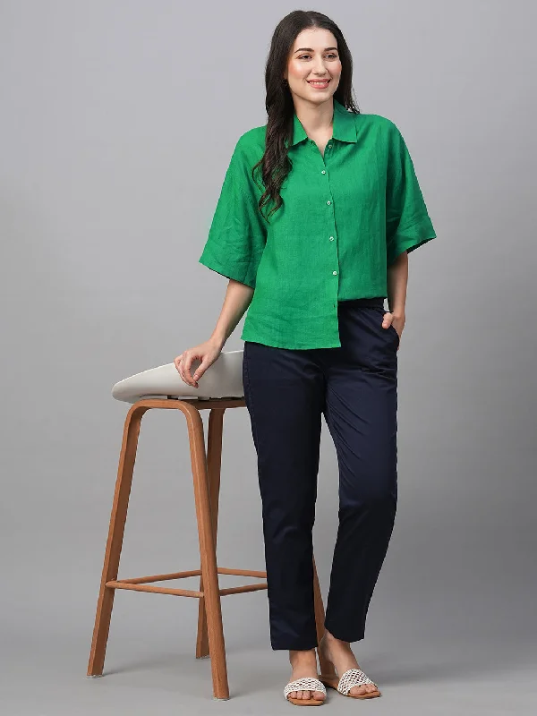 Women's Green Linen Boxy Fit Blouse Sheer Mesh Blouse