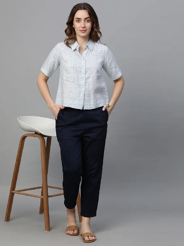 Women's Blue Linen Regular Fit Blouse Embroidered Floral Blouse
