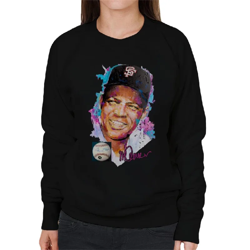 Sidney Maurer Original Portrait Of Willie Mays Women's Sweatshirt Hoodie with Earth Tones Natural Calm