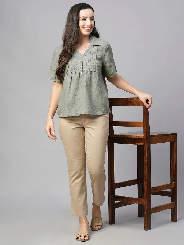 Women's Sage Linen Regular Fit Blouse Puff Sleeve Blouse