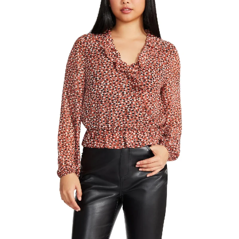 Womens Printed Cascade Ruffle Blouse Lightweight Linen Blouse