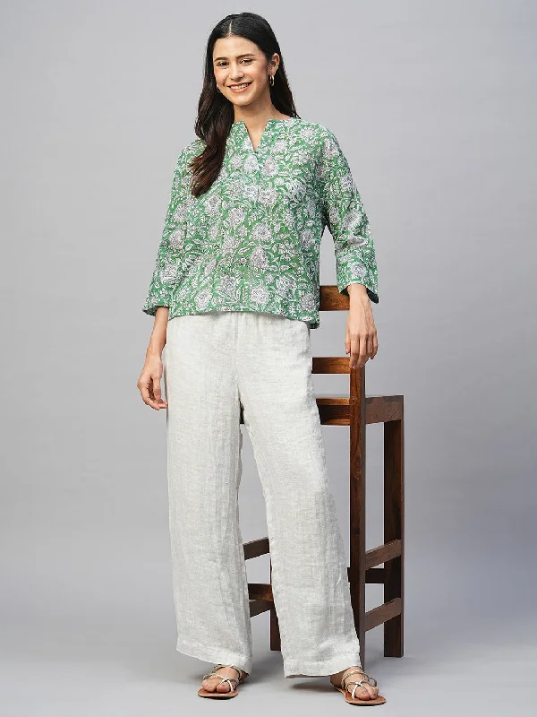 Women's Green Cotton Boxy Fit Blouse Feminine Puff Blouse