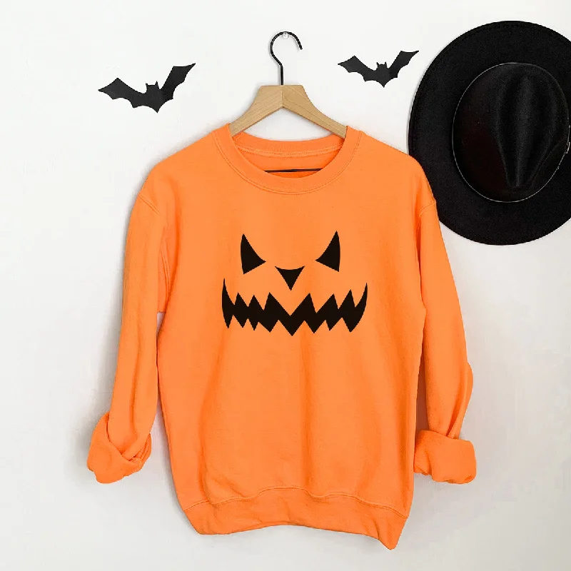 Pumpkin Face Halloween Sweatshirt Hoodie with Ribbed Cuffs Snug Fit Comfort