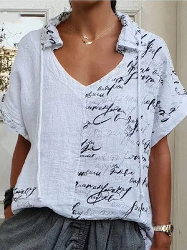 Print Letter Standard Short Sleeve V Neck Blouse Lightweight Linen Blouse