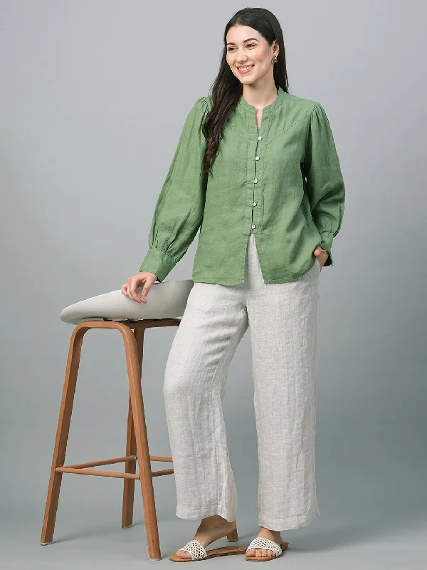 Women's Green Linen Regular Fit Blouse Casual Stripe Blouse