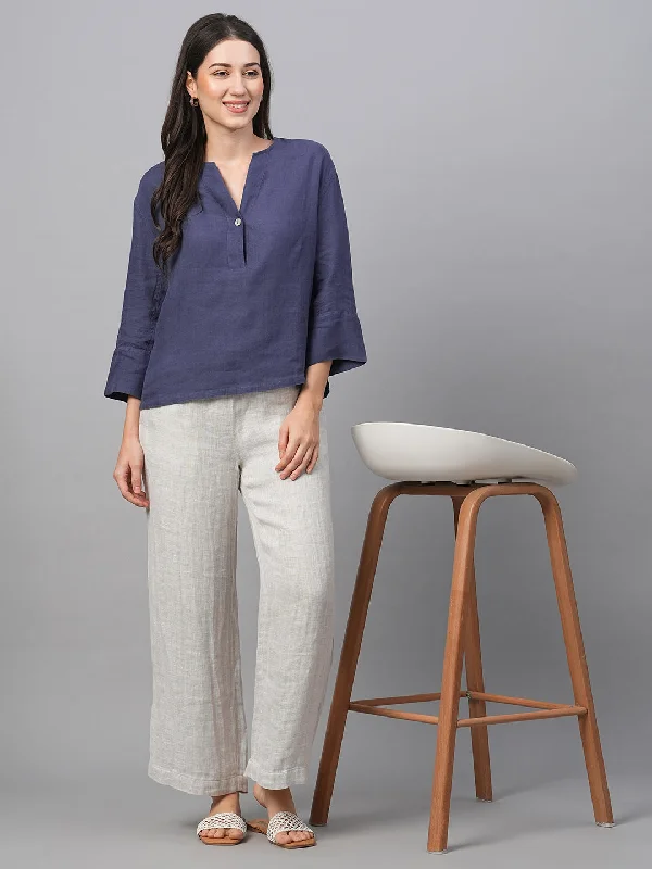 Women's Navy Linen Regular Fit Blouse Peter Pan Collar Blouse
