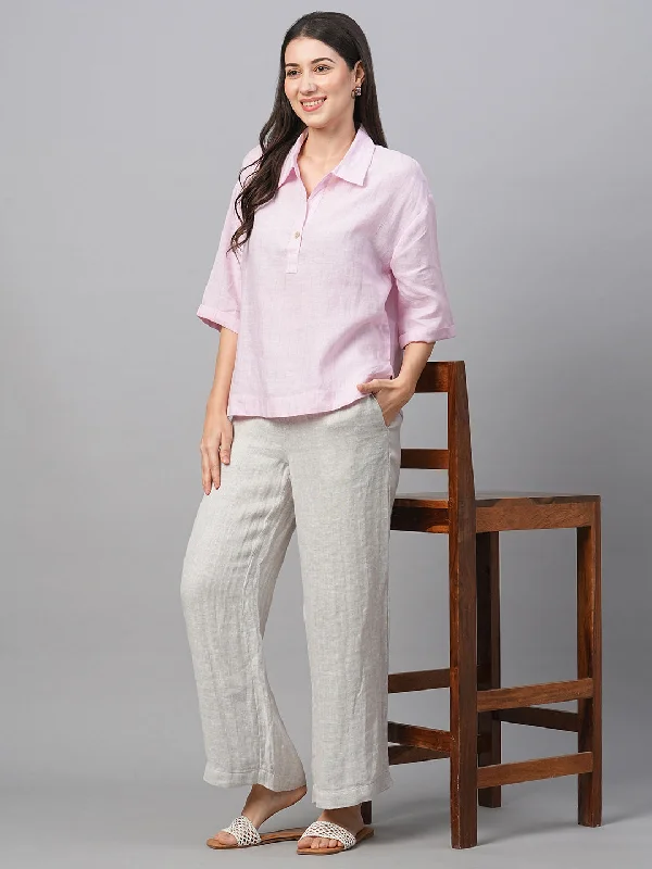 Women's Rose Linen Boxy Fit Blouse Satin Drape Blouse