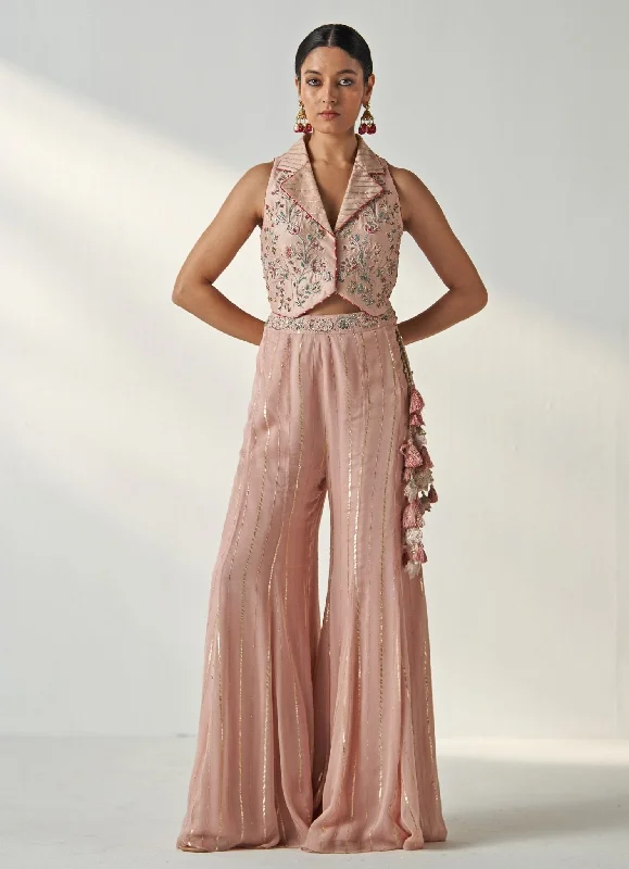 Blush Pink Embroidered Blouse With Sharara Pants Airy Cotton Blouse
