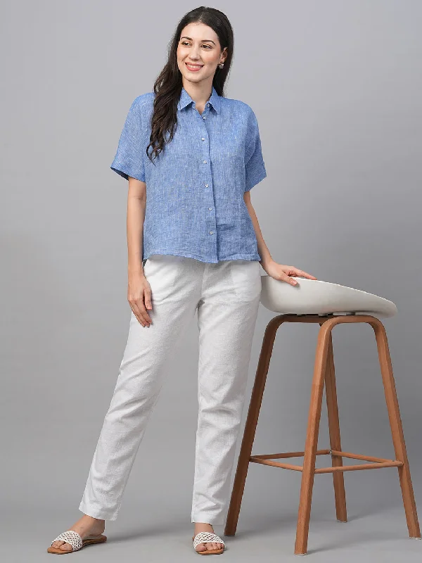 Women's Chambray Blue Linen Boxy Fit Blouse Office-Ready Blouse