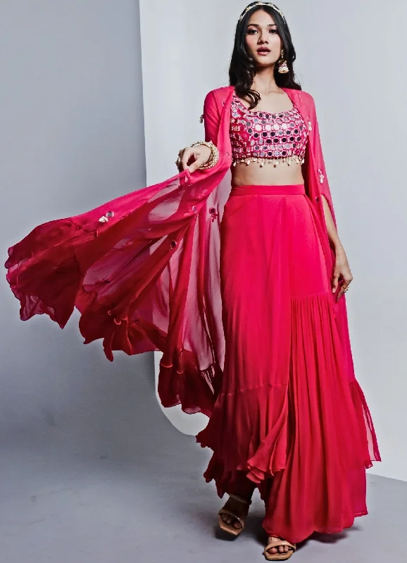 Rani Pink Mirror Embellished Blouse With Georgette Drape Sharara And Cape Slim Fit Blouse