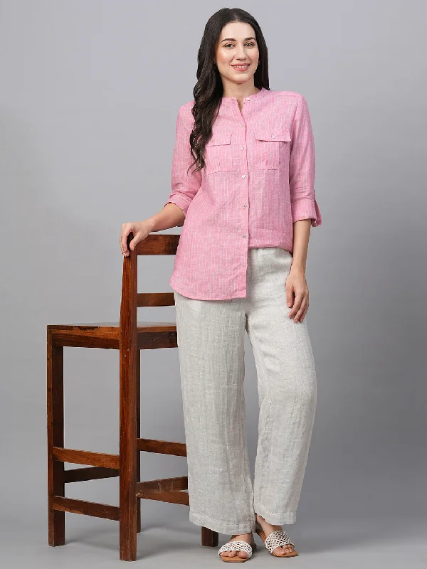 Women's Pink Linen Excel Regular Fit Blouse Floral Chiffon Blouse