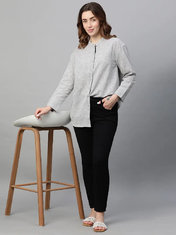 Women's Grey Cotton Linen Regular Fit Blouse Elegant Office Blouse