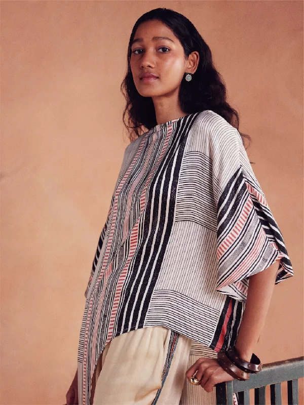 Women's Hand Block Printed Loose Fit Modal Offwhite Blouse Soft Pastel Blouse