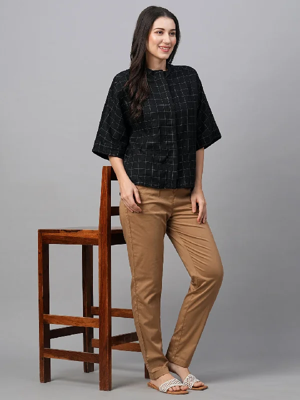 Women's Black Linen Boxy Fit Blouse Embellished Collar Blouse