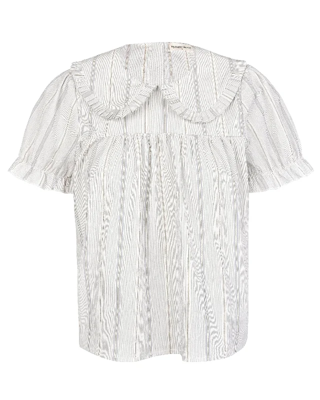 Babydoll Blouse - Blue Beige Stripe Asymmetric Hem Blouse