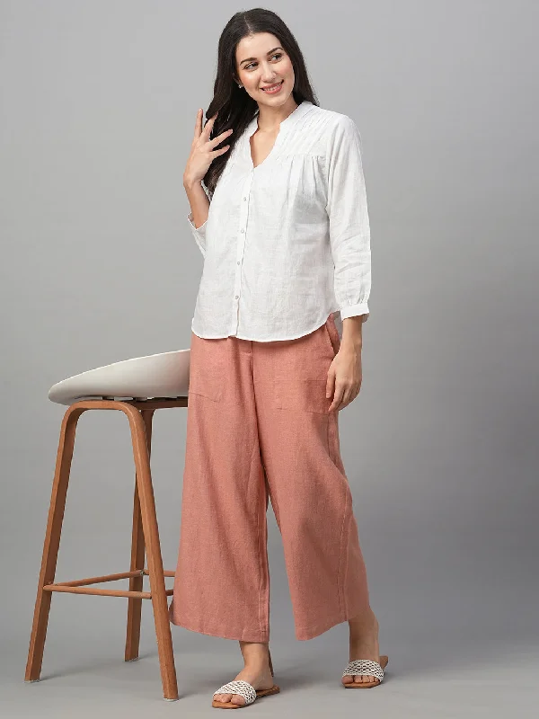 Women's White Linen Regular Fit Blouse Ruffled Neck Blouse