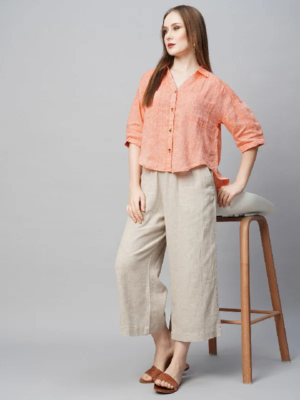 Women's Orange Linen Loose Fit Blouse Drape Neck Blouse