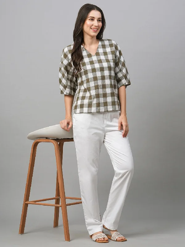 Women's Olive Cotton Linen Regular Fit Blouse Feminine Tie Blouse