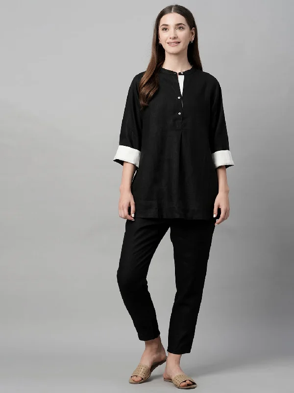 Women's Black Linen Regular Fit Blouse Satin Bow Blouse