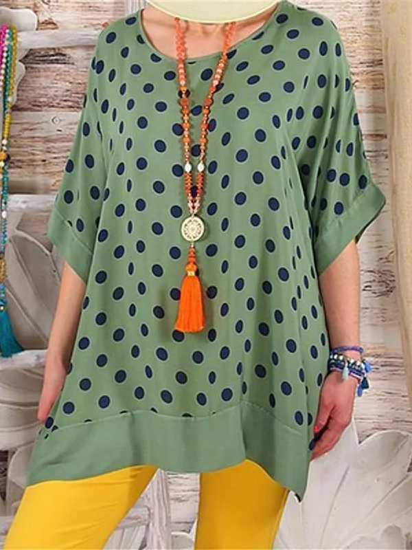 Daily Loose Wave Point Round Neck Blouse Casual Button Blouse