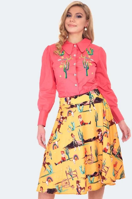 Western Embroidered Balloon Sleeve Blouse Semi-Sheer Blouse