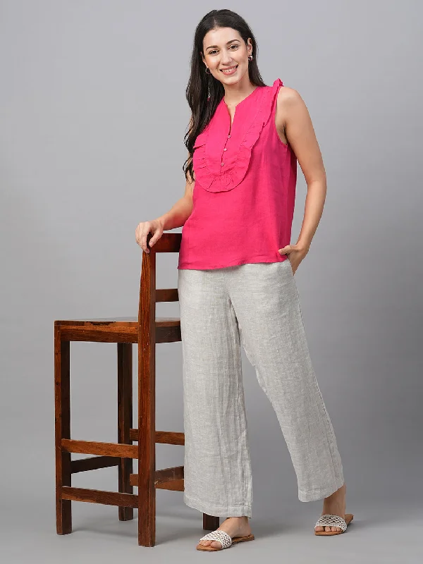 Women's Pink Linen Regular Fit Blouse Elegant Semi-Sheer Blouse