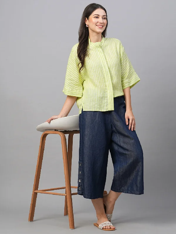 Women's Green Linen Boxy Fit Blouse Elegant Embroidery Blouse