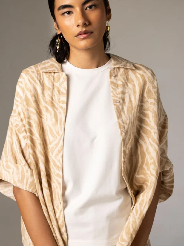 Women's Beige Cotton Linen Regular Fit Blouse Chic Off-Shoulder Blouse