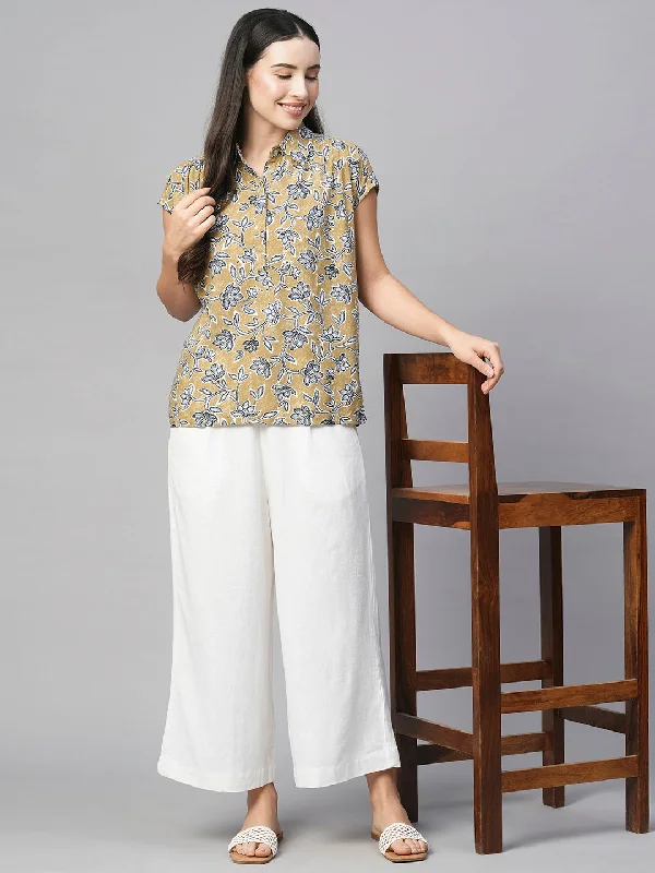 Women's Khaki Viscose Regular Fit Blouse Casual Relaxed Blouse
