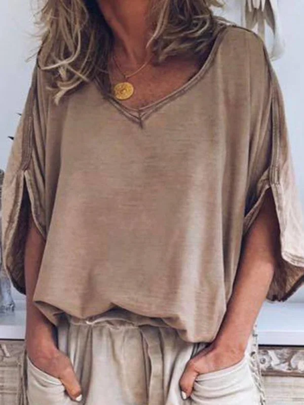 V Neck Plain Short Sleeve Blouse Elegant Silk Blouse