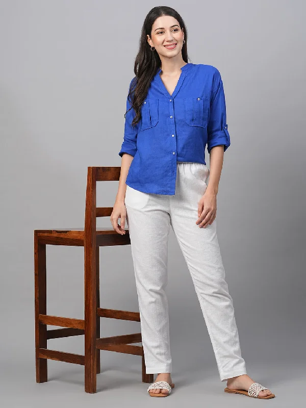 Women's Royalblue Linen Regular Fit Blouse Lightweight Linen Blouse