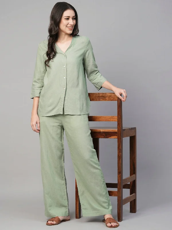 Women's Sage Viscose Linen Cotton Regular Fit Blouse Lightweight Linen Blouse