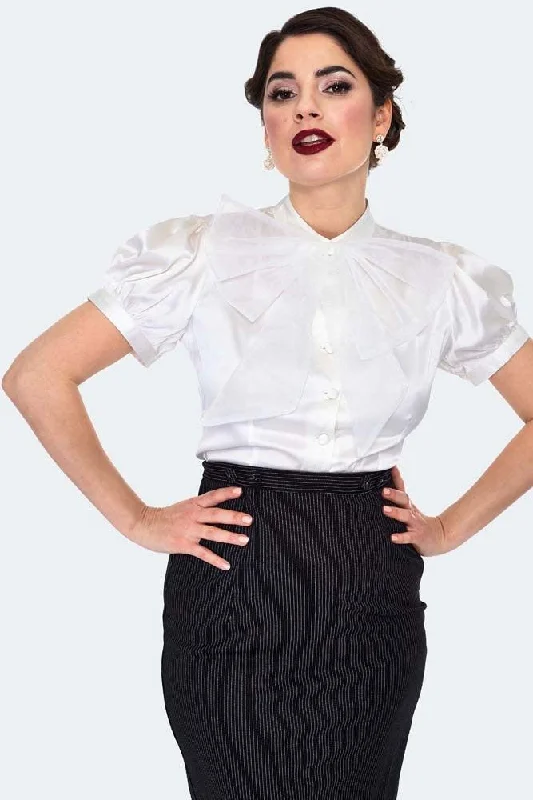 Satin Blouse With Organza Bow Cotton Casual Blouse