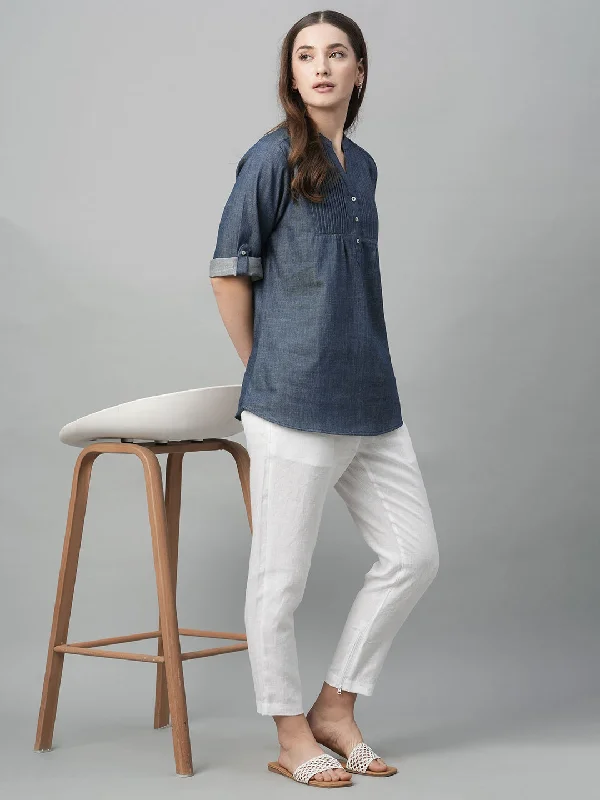 Women's Blue Cotton Regular Fit Blouse Lightweight Tunic Blouse