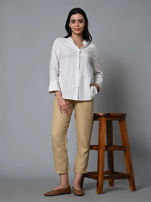 Women's Beige Linen Excel Boxy Fit Blouse Casual Relaxed Blouse