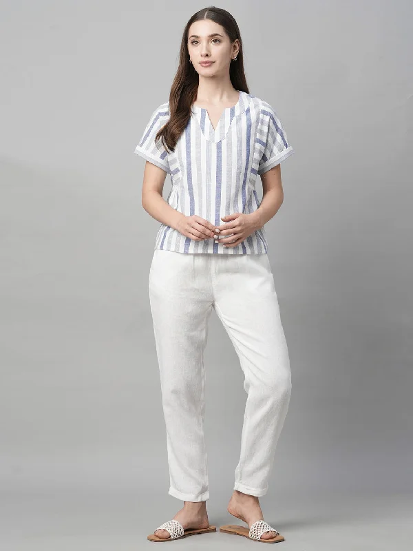 Women's Blue Cotton Linen Regular Fit Blouse Textured Cotton Blouse