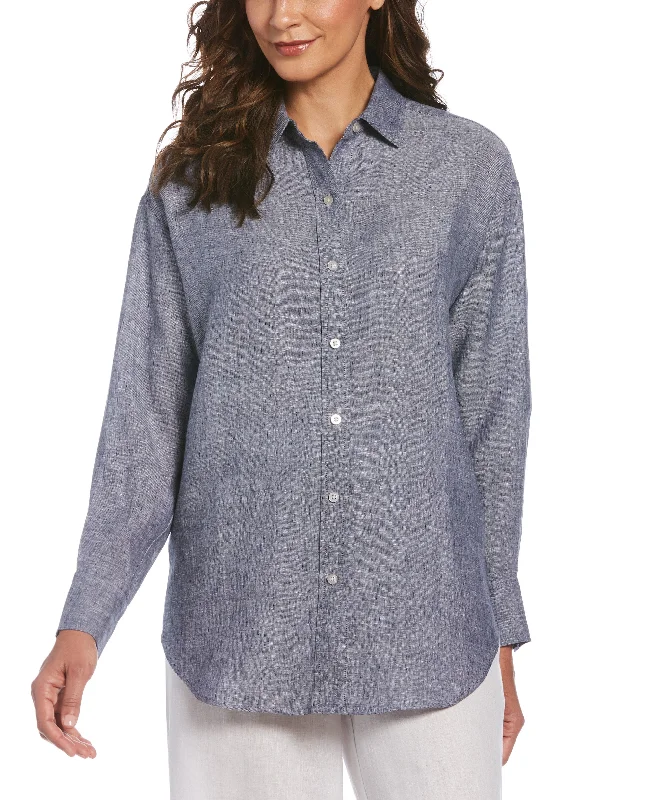 Women's Two-Tone Yarn-Dyed Linen Blouse Double Button Blouse
