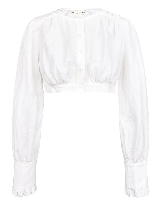 Linen Gather Blouse - White Ruffled Neck Blouse