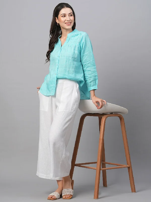 Women's Aqua Linen Regular Fit Blouse Pastel Color Blouse