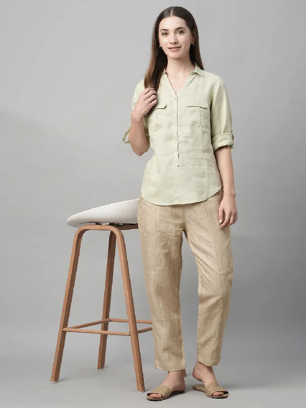 Women's Sage Linen Regular Fit Blouse Loose Oversized Blouse