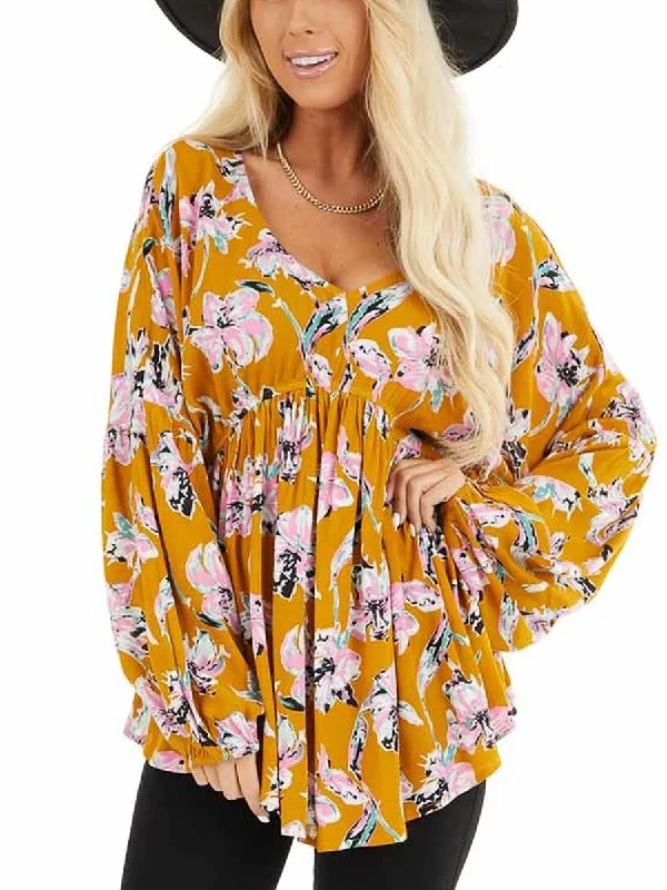 V-Neck Long Sleeve Printed Blouse Classic Minimalist Blouse