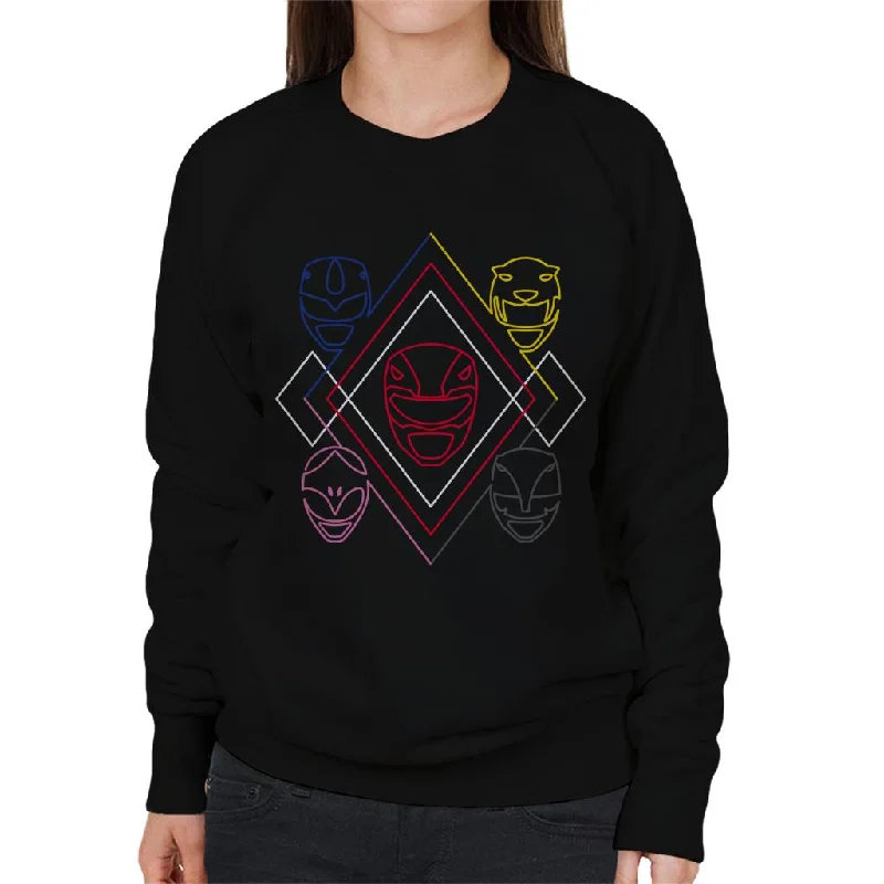 Power Rangers Heads Line Art Women's Sweatshirt Hoodie with Puffed Sleeves Voluminous Trendy