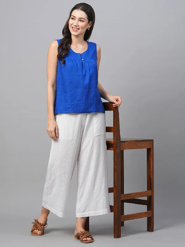 Women's Royalblue Linen Regular Fit Blouse Frilled Cuff Blouse