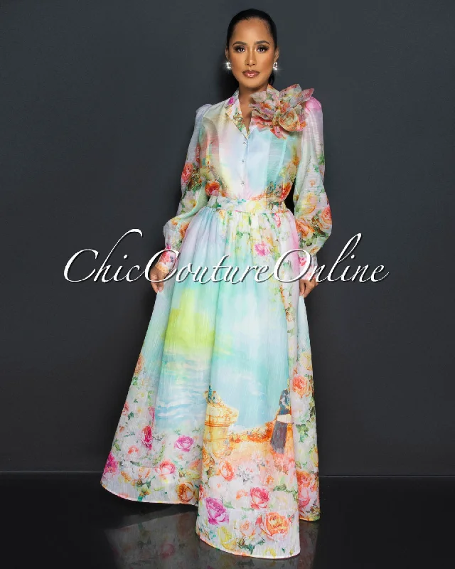 Karin Green Yellow Flower Accent Blouse & Maxi Skirt Set Polished Work Blouse