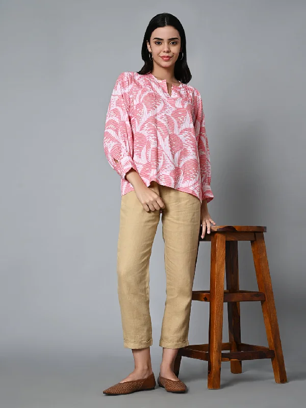 Women's Pink Lyocell Linen Boxy Fit Blouse Peter Pan Blouse
