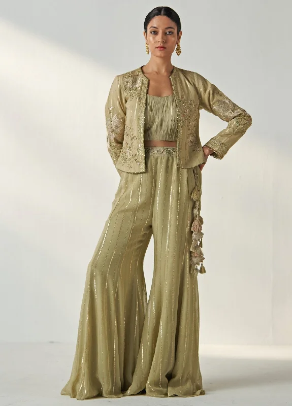 Green Embroidered Blouse Sharara Set With Cape Soft Pastel Blouse