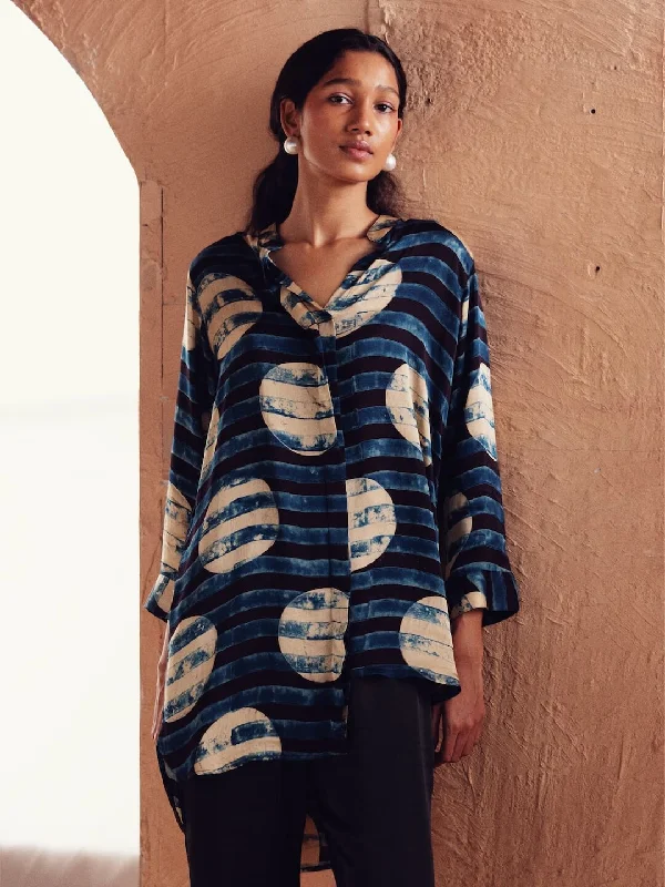 Women's Ajrak Hand Block Printed Loose Fit Modal Blue Blouse Flowy Bohemian Blouse