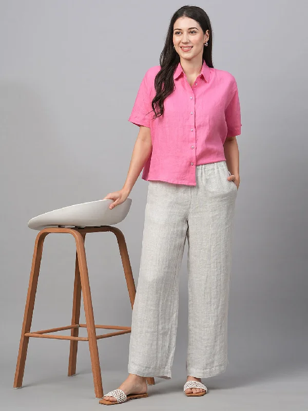 Women's Pink Linen Regular Fit Blouse Chic Wrap Blouse