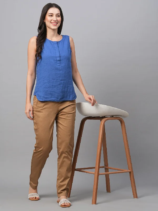 Women's Royalblue Linen Regular Fit Blouse Feminine Pastel Blouse